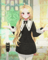 a girl with blonde hair and red eyes wearing a black dress