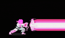 a pixel art of a person holding a sword and a pink light coming out of it .