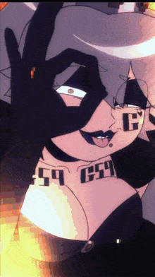 a cartoon drawing of a woman wearing a g54 necklace