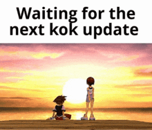 a cartoon of a boy and a girl sitting on a dock waiting for the next kok update .