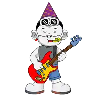 a cartoon character holding a red guitar with the word zhot on it