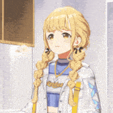 a girl with blonde hair wearing a jacket that says avidura