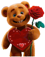a teddy bear is holding a red rose and a red heart