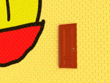 a red door is open to a yellow wall with the words " it 's y " painted on it
