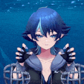 a blue haired anime girl is holding a rope