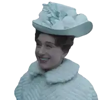 a woman wearing a white hat and a white fur coat is smiling