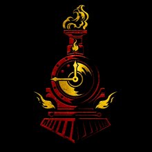 a red and yellow clock on a black background with flames coming out of it
