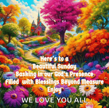 a painting of a church surrounded by colorful flowers and trees