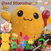 a picture of a stuffed animal surrounded by candy and says good morning
