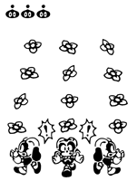 a black and white drawing of three cartoon characters with flowers