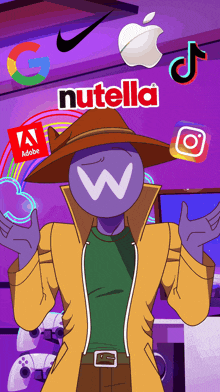 a cartoon character is surrounded by logos such as nutella adobe and google