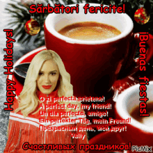 a picture of a woman and a cup of coffee with the words happy holidays