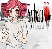 a drawing of a girl giving the middle finger with sybau written on the bottom