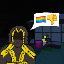 a drawing of a man with a rainbow flag and a thumbs down