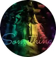 a rainbow colored circle with the word something written on it