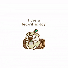 a cartoon of a duck sitting on a log drinking tea