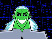 a cartoon character with a green head is smiling in front of a computer screen