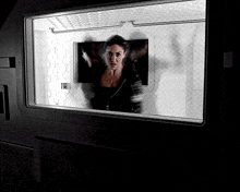 a woman is behind a fence in a room with a sign that says ' tdd ' on it