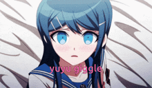 a blue haired anime girl with the words " yuyu giggle " above her