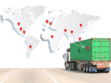 a green truck is driving in front of a map of the world with red pins on it