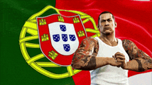 a man with a tattoo on his arm stands in front of a flag of portugal