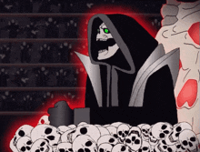 a cartoon drawing of a skeleton with a hood and green eyes