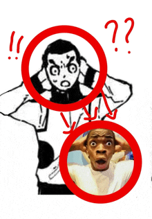 a drawing of a man with a surprised look on his face is surrounded by a red circle with a question mark on it