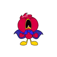 a red cartoon character with a blue cape and yellow feet is yawning