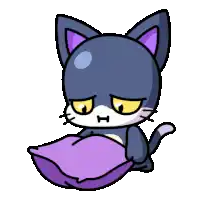 a black and white cat laying on a purple pillow