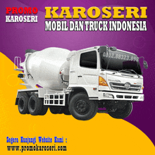 a concrete mixer truck is advertised on a purple background