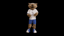 a mascot wearing a white shirt with the number 10 on it and blue shorts