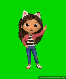 a cartoon girl wearing a cat ear headband stands on a green screen