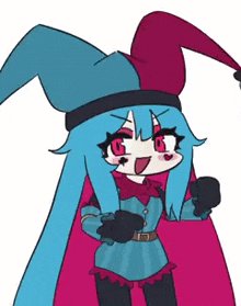 a cartoon drawing of a girl with blue hair wearing a jester hat