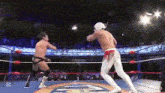 two men are wrestling in a wrestling ring and one of them is wearing a white helmet .