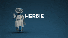 a robot with the words herbie goes to the movies above it