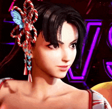 a woman with a butterfly in her hair stands in front of a neon sign that says v
