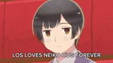 a man in a suit and tie is being hugged by another man with the words los loves neiko hug forever above him