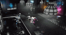 harley quinn is sitting at a bar with a neon sign that says bartender
