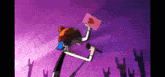 a cartoon character is singing into a microphone while holding a heart shaped card