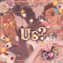 a picture of a couple making a heart with their hands and the words " us " behind them