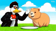 a duck is holding a tomato and a bear is holding a plate in a field .
