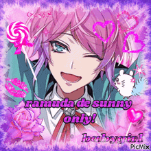 a picture of a boy with pink hair and the words " ramuda de sunny only "