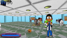 a cartoon character standing in a room with a bar of running displayed