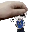 a cartoon character wearing sunglasses and a blue shirt with the number 55 on it is being touched by a hand .