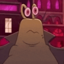 a cartoon character is holding a knife in a room with pink lights .