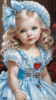 a little girl wearing a blue dress and a blue hat
