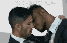two men kissing with the words hop on roblox on the bottom