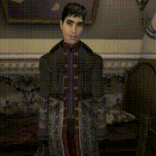 a pixelated image of a man and a cat in a room .