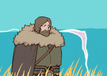 a cartoon drawing of a man in a fur coat standing in a field