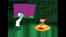 a cartoon character is standing in front of a purple board while another character is sitting on the floor .